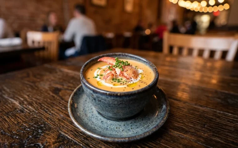Red Lobster Lobster Bisque (Cup): a small cup of creamy lobster bisque garnished with a piece of lobster and chives, on a saucer