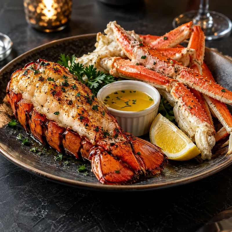 Red Lobster lobster tail and snow crab legs with drawn butter and lemon