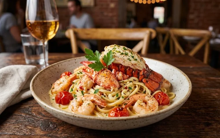 Red Lobster Lobster & Shrimp Linguini: lobster and shrimp linguini with lobster tail meat and shrimp in a light garlic cream sauce with cherry tomatoes and parsley