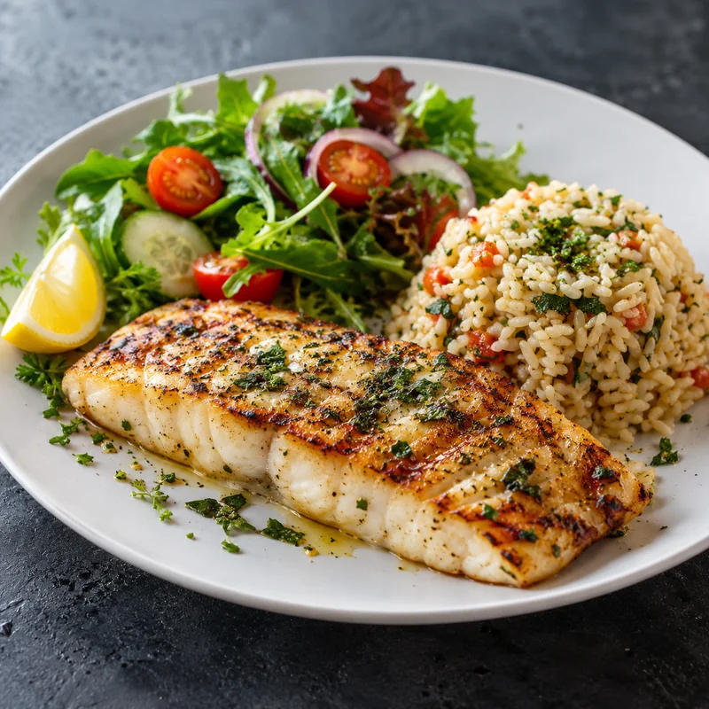 Red Lobster lunch plate with grilled fish, side salad and seasoned rice
