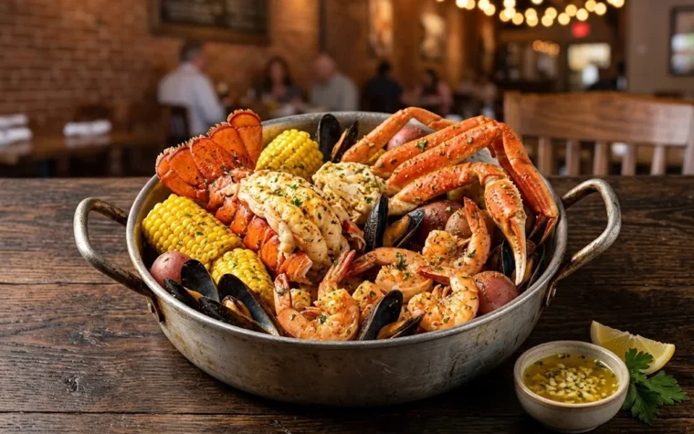 Red Lobster Mariner's Seafood Boil: a mariner's seafood boil with lobster tail, snow crab legs, shrimp, mussels, corn and potatoes in a large metal pot