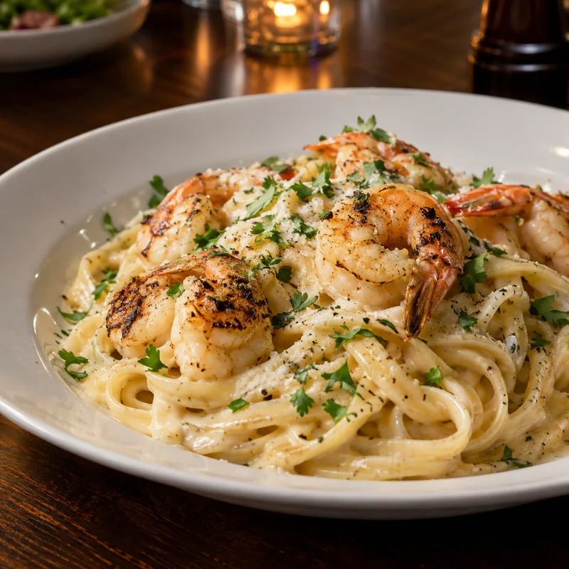 Red Lobster shrimp linguine alfredo in a creamy white sauce topped with parmesan and parsley
