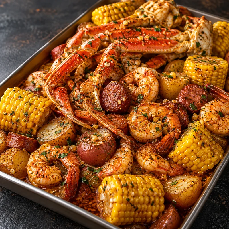 Red Lobster seafood boil with Cajun-seasoned shrimp, snow crab legs, sausage, corn on the cob and red potatoes in a tray