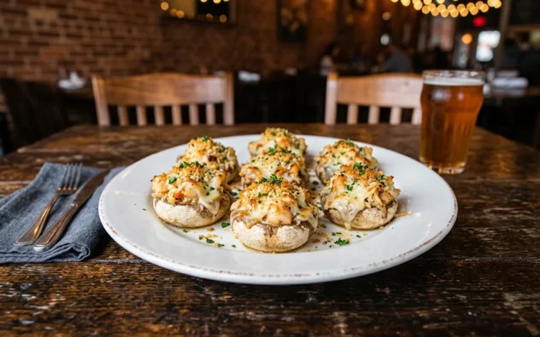 Red Lobster Seafood-Stuffed Mushroom Caps: seafood-stuffed mushroom caps baked with melted cheese and breadcrumbs on a white appetizer plate