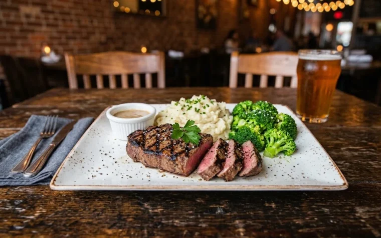 Red Lobster Seasoned Sirloin Steak (7 oz): a seasoned grilled 7 oz sirloin steak with grill marks, served with mashed potatoes and steamed broccoli