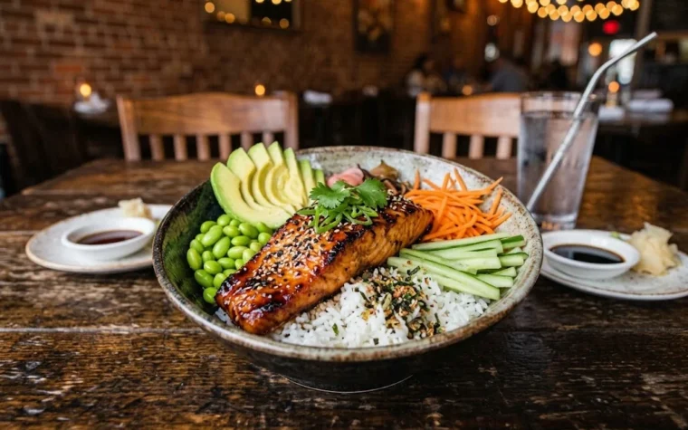 Red Lobster Sesame-Soy Salmon Bowl: a sesame-soy glazed salmon rice bowl with edamame, avocado, cucumber, shredded carrots and sesame seeds