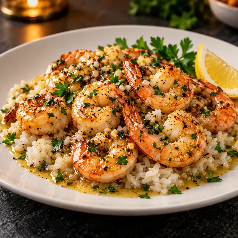 Red Lobster garlic butter shrimp scampi served over rice with parsley and a lemon wedge