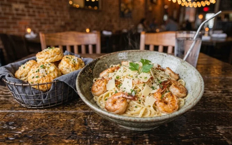 Red Lobster Shrimp Linguini Alfredo Family Pack (Serves 4): a family-size shrimp linguini alfredo pack for four in a large serving dish with a basket of cheddar biscuits