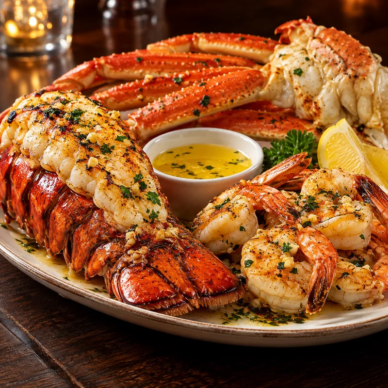 Red Lobster signature feast platter with grilled lobster tail, snow crab legs, shrimp and drawn butter