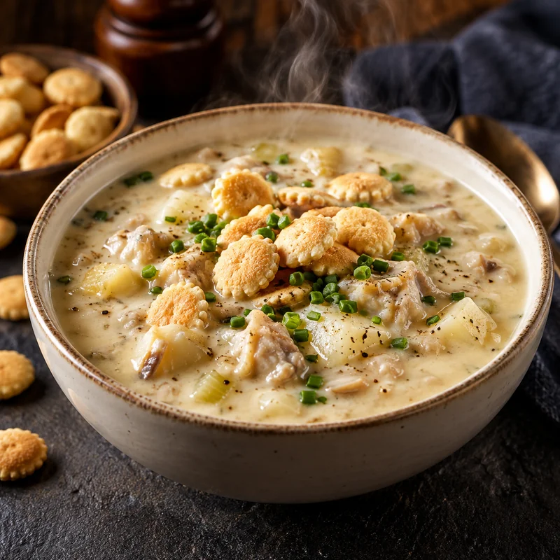 Red Lobster creamy New England clam chowder in a bowl with oyster crackers