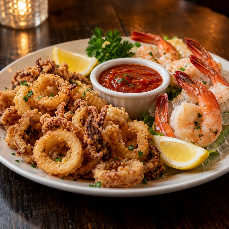 Red Lobster appetizer sampler with crispy fried calamari, chilled shrimp cocktail and cocktail sauce