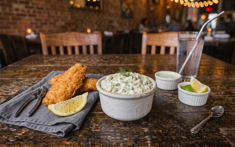 Red Lobster Tartar Sauce (8 oz): a small bowl of creamy tartar sauce with pickle relish next to golden fried fish pieces and lemon