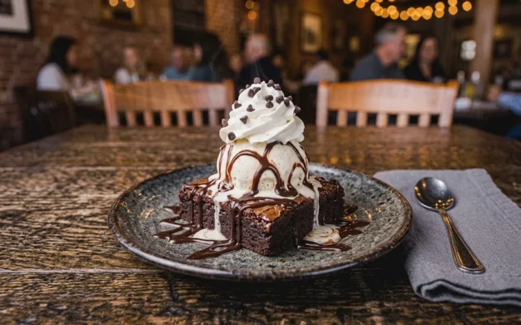 Red Lobster Warm Brownie Overload: a warm fudge brownie topped with vanilla ice cream, hot fudge drizzle, whipped cream and chocolate chips